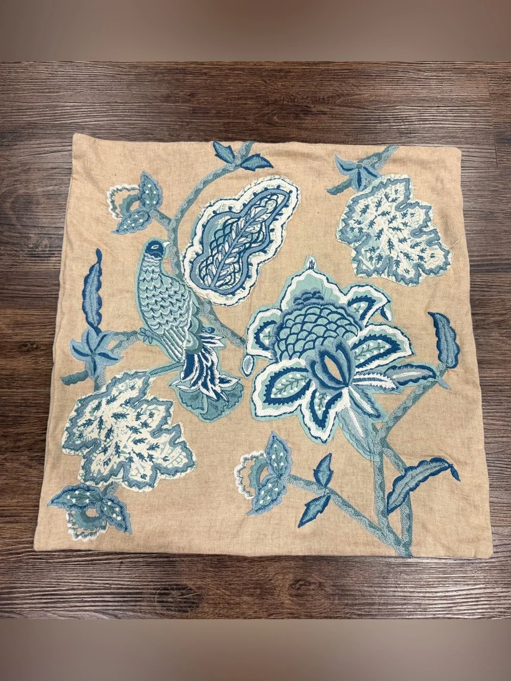 Pottery Barn Blue and Tan Embroidered Floral Pillow Cover